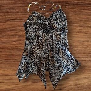 Kaelyn-Max Leopard Print Silky Beaded Women's Halter Top L